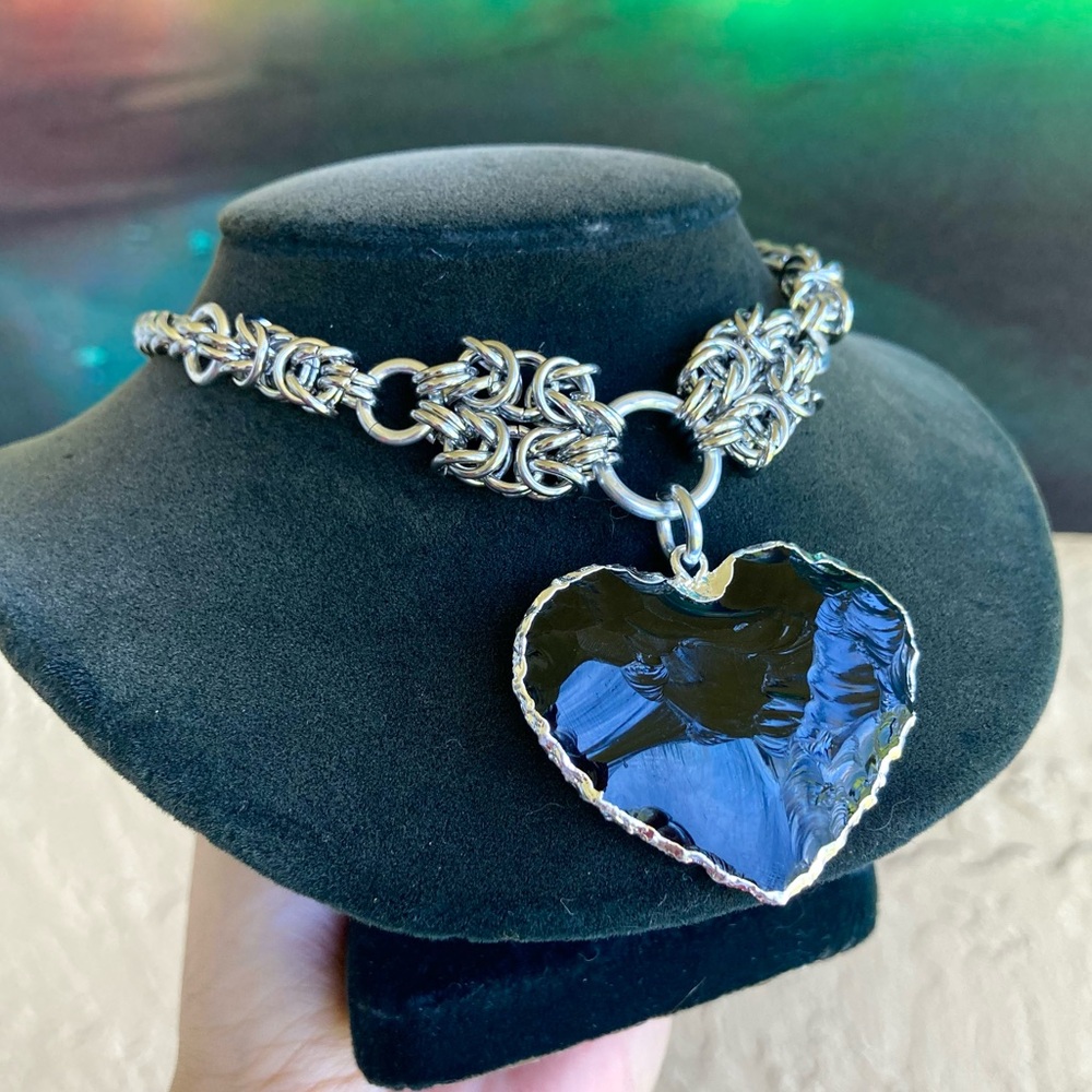 Handmade Genuine black obsidian heart charm maille silver boho choker necklace - Picture 6 of 11